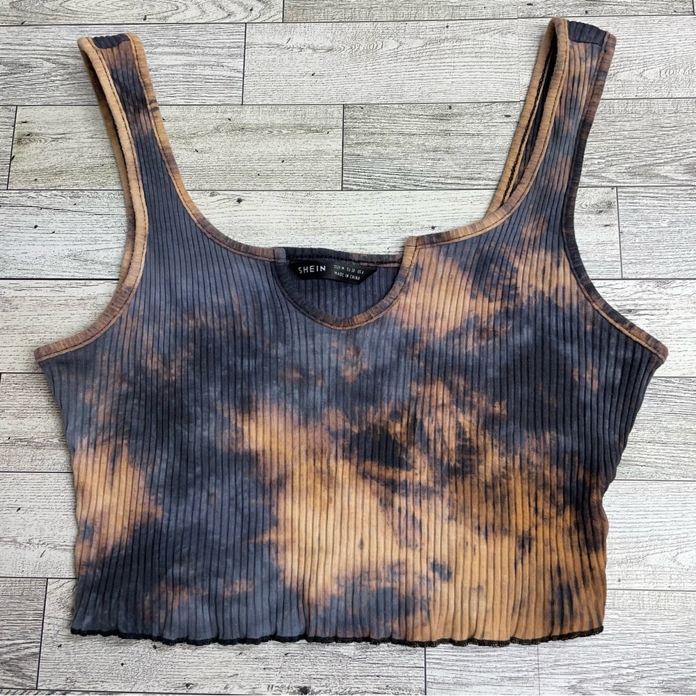 SHEIN Women’s Sleeveless Crop Top Acid Bleach Stain Ribbed Ruffle Size Medium